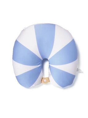 Travel Neck Pillow blue and white striped goes from neck pillow to goose stuffy